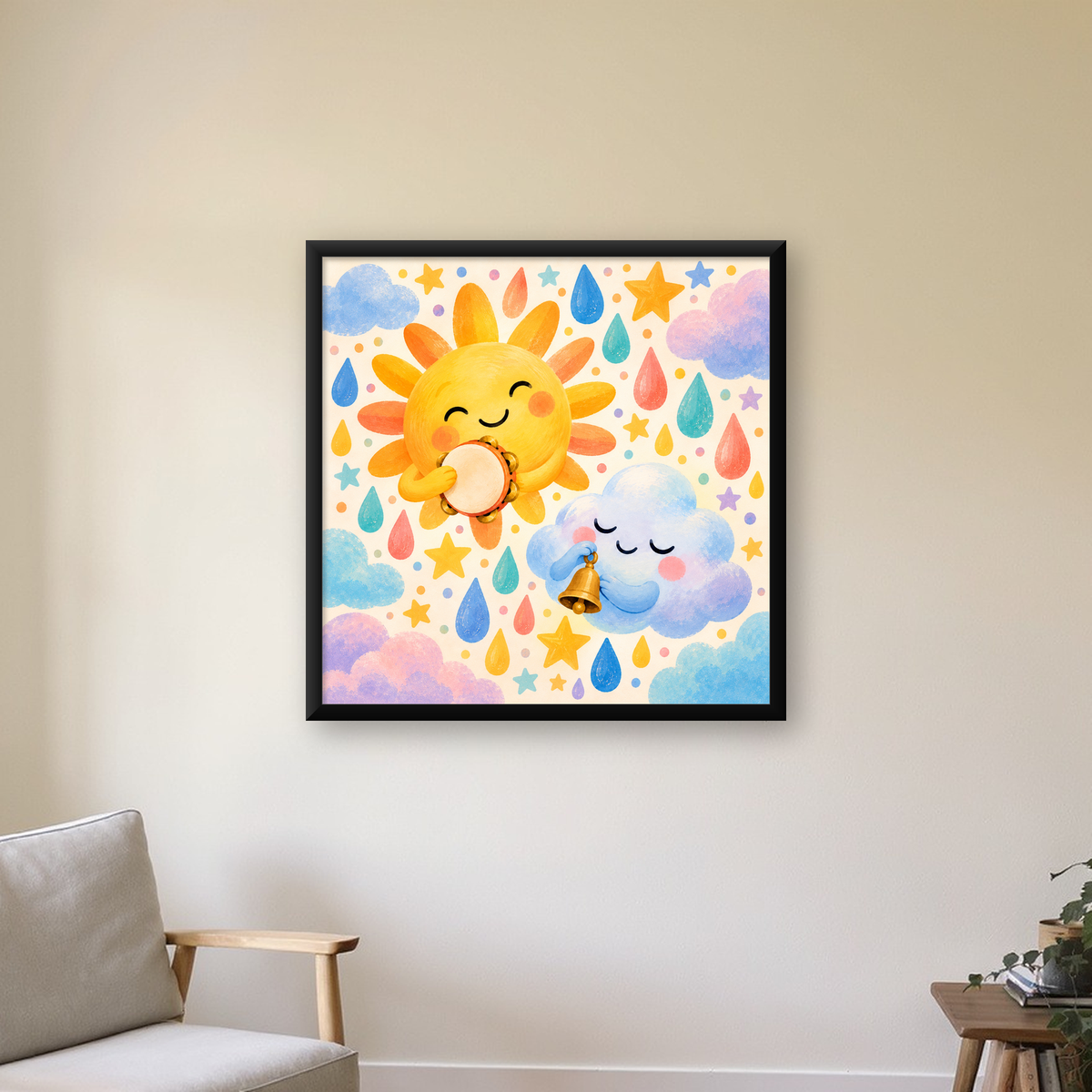 Sevimli Güneş ve Bulut Çocuk Odası Pastel Poster — Kare baskı, çerçeveli hâliyle bir ev duvarında