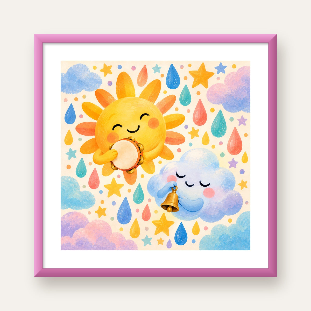 Sevimli Güneş ve Bulut Çocuk Odası Pastel Poster — pembe çerçeveli paspartulu