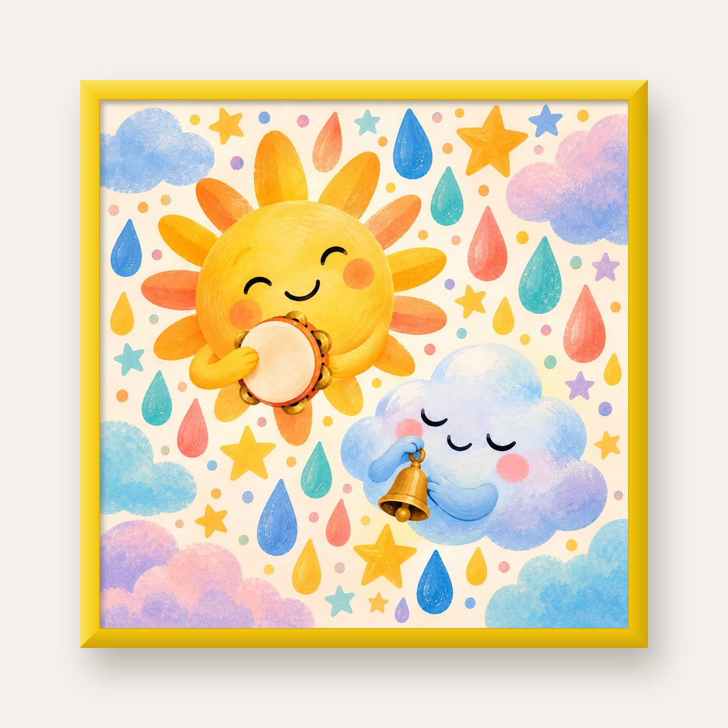 Sevimli Güneş ve Bulut Çocuk Odası Pastel Poster — sarı çerçeveli