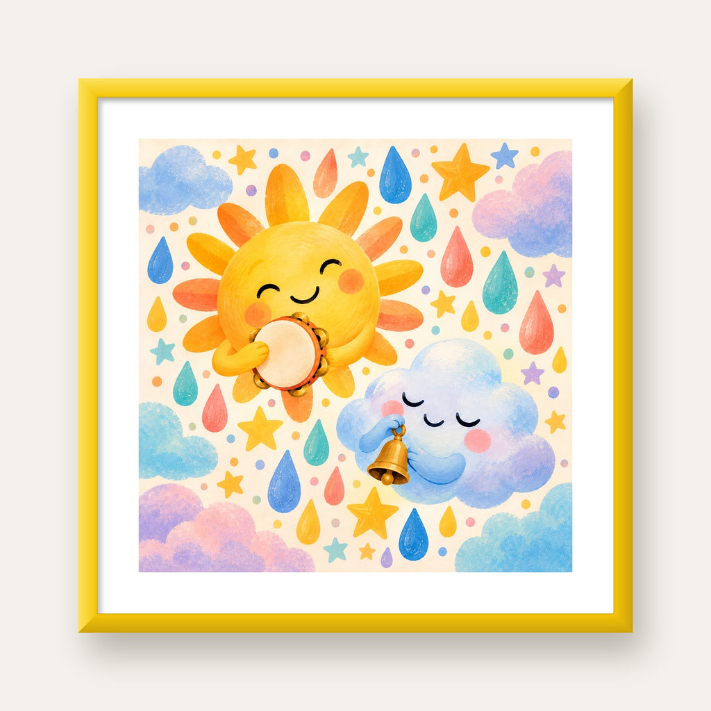 Sevimli Güneş ve Bulut Çocuk Odası Pastel Poster — sarı çerçeveli paspartulu