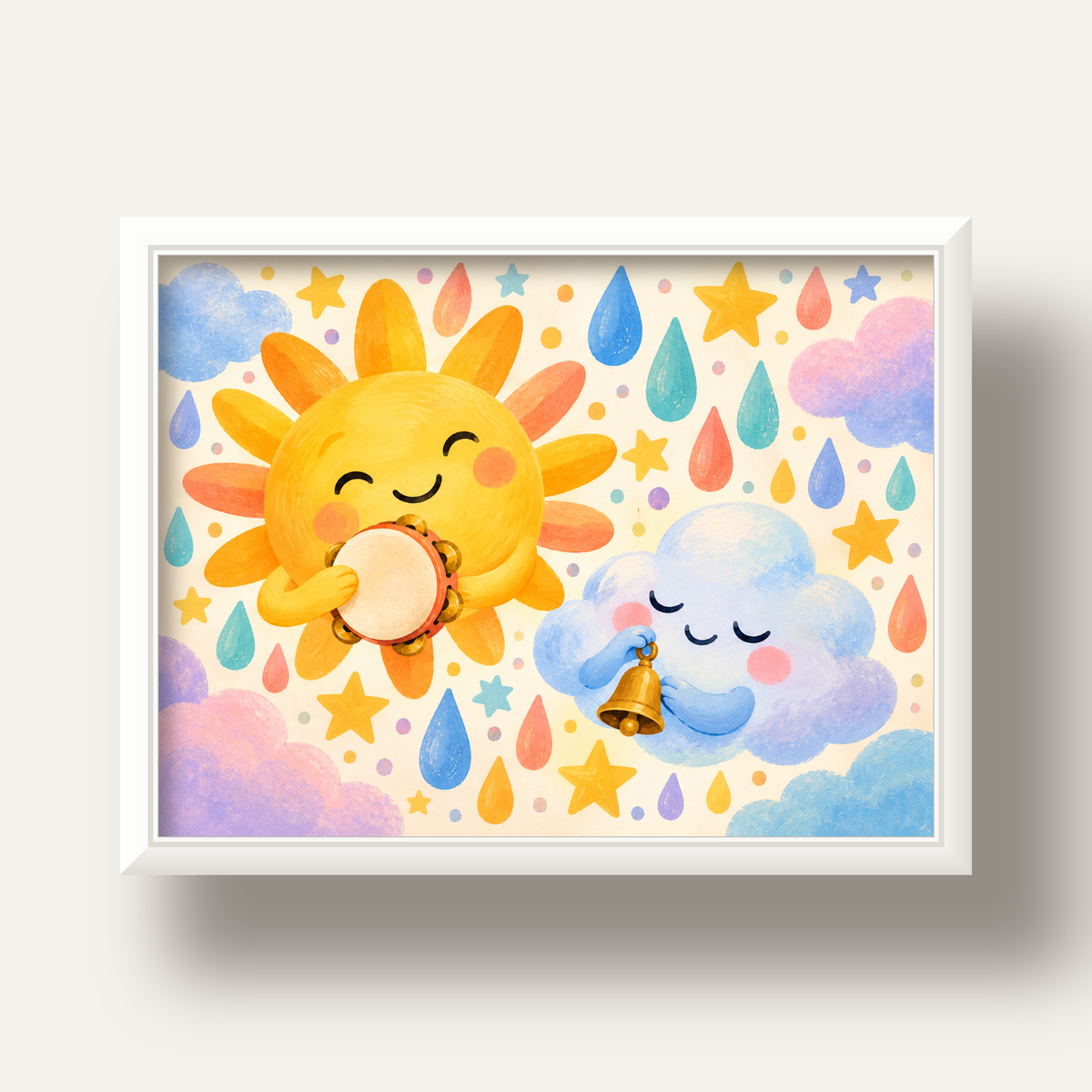 Sevimli Güneş ve Bulut Çocuk Odası Pastel Poster — beyaz derin çerçeveli