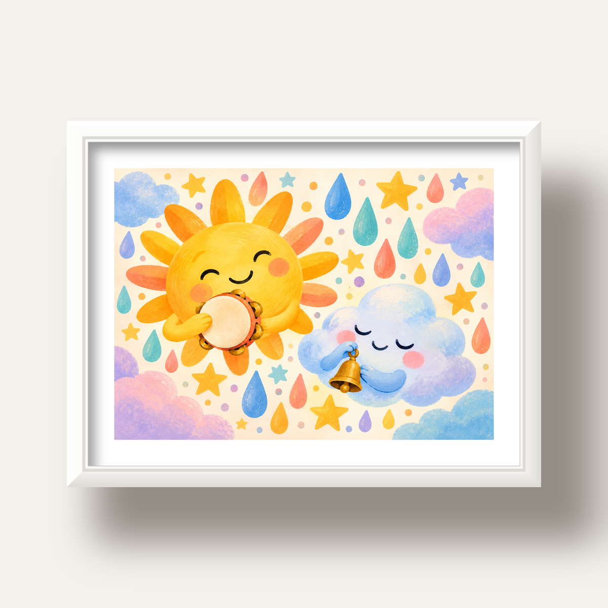 Sevimli Güneş ve Bulut Çocuk Odası Pastel Poster — beyaz derin çerçeveli paspartulu