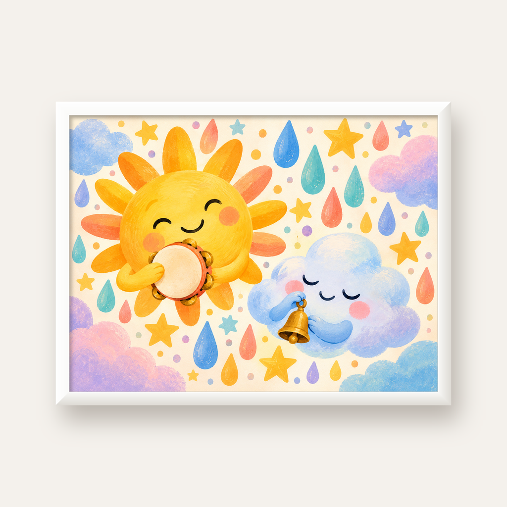 Sevimli Güneş ve Bulut Çocuk Odası Pastel Poster — beyaz çerçeveli yatay poster