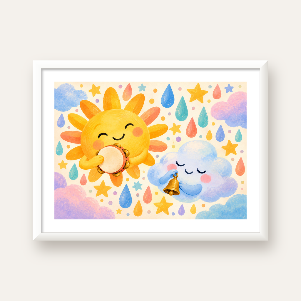 Sevimli Güneş ve Bulut Çocuk Odası Pastel Poster — beyaz çerçeveli yatay poster