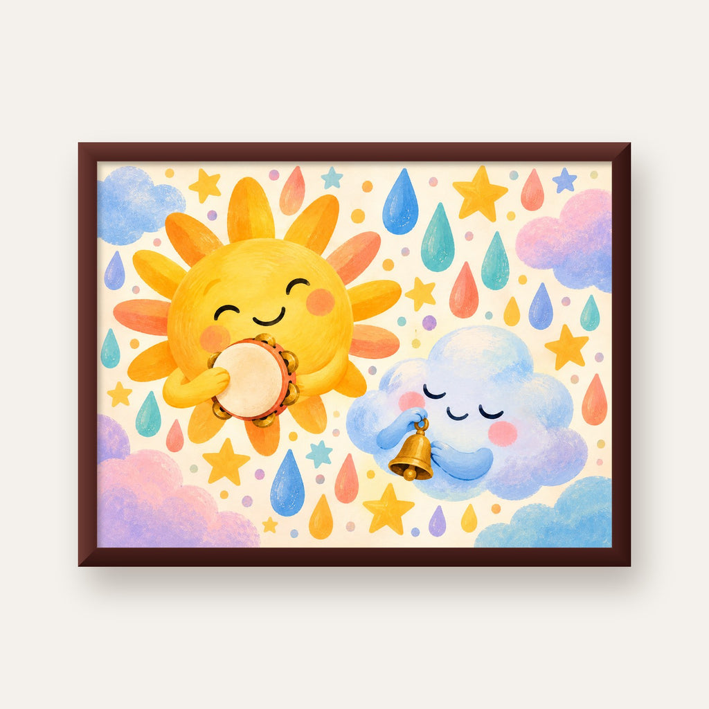 Sevimli Güneş ve Bulut Çocuk Odası Pastel Poster — ceviz çerçeveli