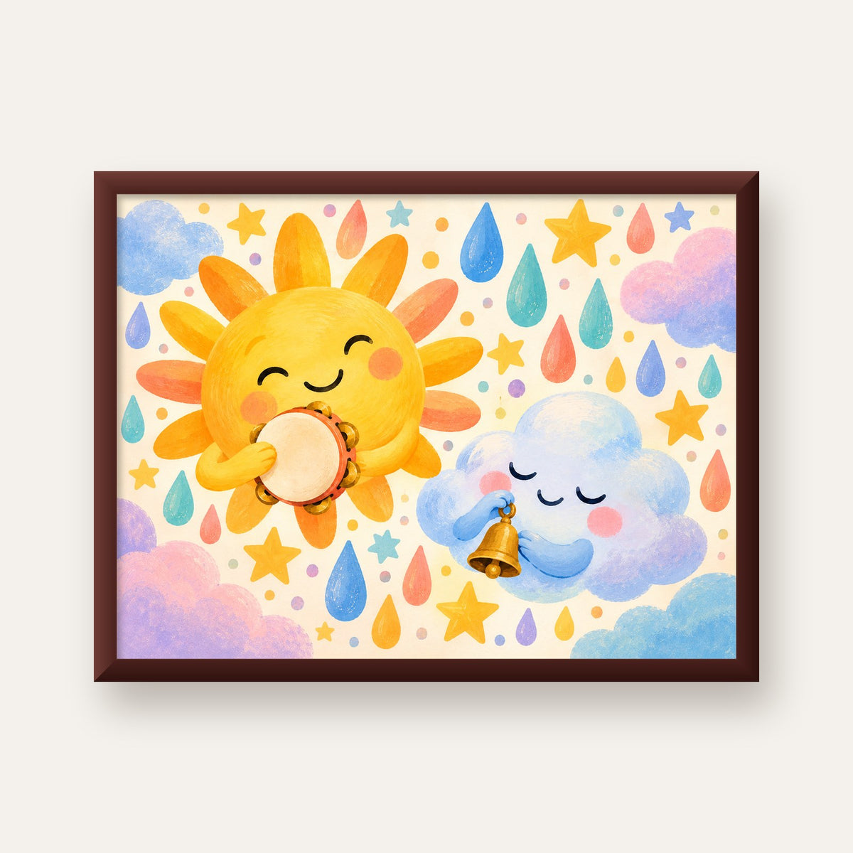 Sevimli Güneş ve Bulut Çocuk Odası Pastel Poster — ceviz çerçeveli
