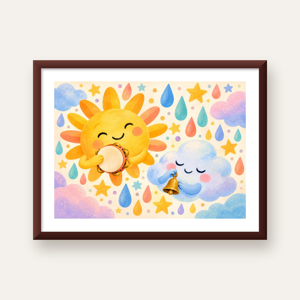 Sevimli Güneş ve Bulut Çocuk Odası Pastel Poster — ceviz çerçeveli paspartulu