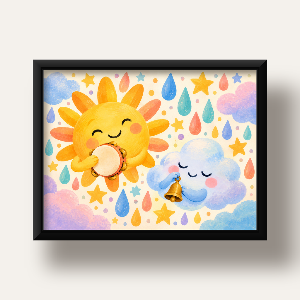 Sevimli Güneş ve Bulut Çocuk Odası Pastel Poster — siyah derin çerçeveli
