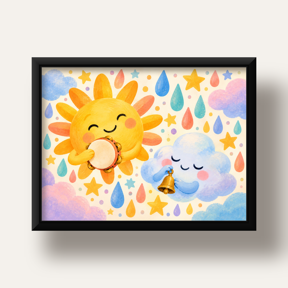 Sevimli Güneş ve Bulut Çocuk Odası Pastel Poster — siyah derin çerçeveli
