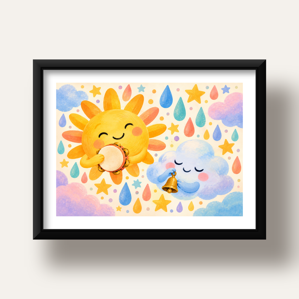Sevimli Güneş ve Bulut Çocuk Odası Pastel Poster — siyah derin çerçeveli paspartulu