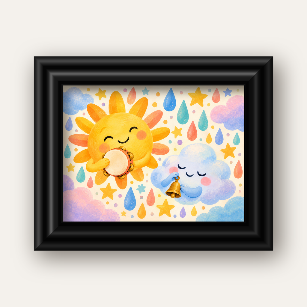 Sevimli Güneş ve Bulut Çocuk Odası Pastel Poster — siyah galeri çerçeveli