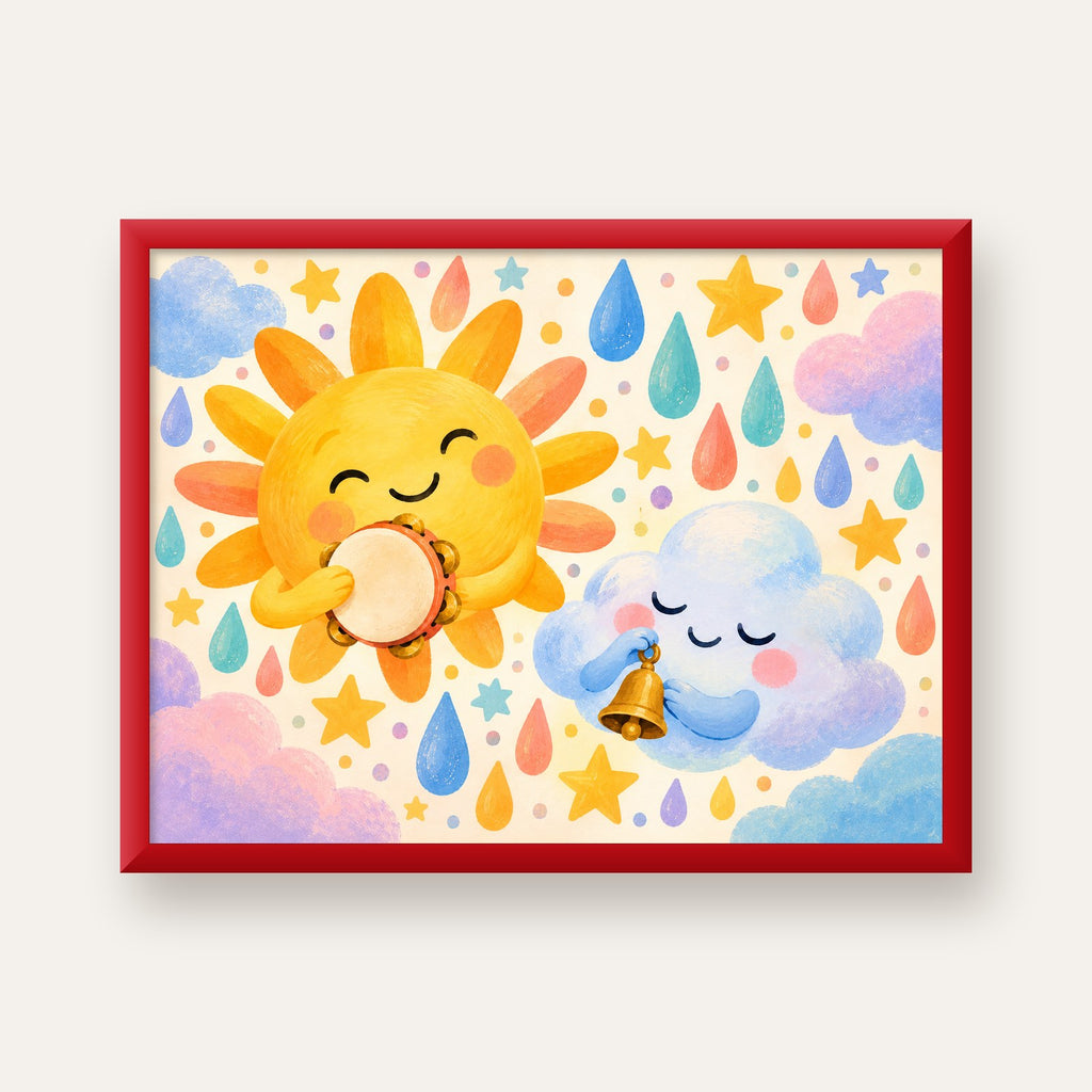 Sevimli Güneş ve Bulut Çocuk Odası Pastel Poster — kırmızı çerçeveli