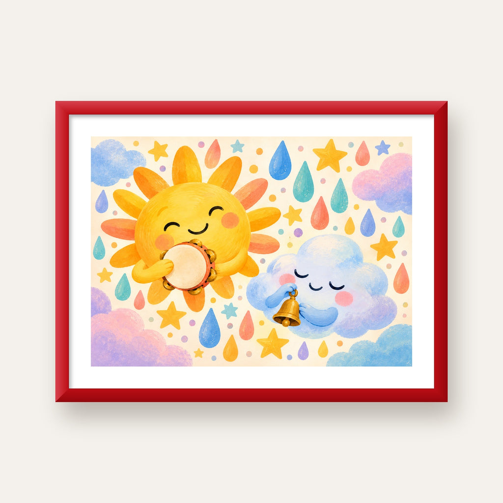 Sevimli Güneş ve Bulut Çocuk Odası Pastel Poster — kırmızı çerçeveli paspartulu