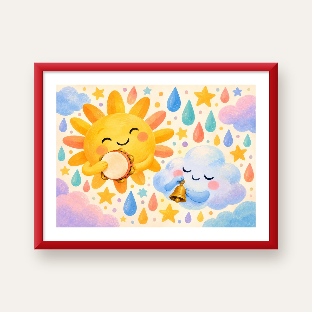 Sevimli Güneş ve Bulut Çocuk Odası Pastel Poster — kırmızı çerçeveli paspartulu