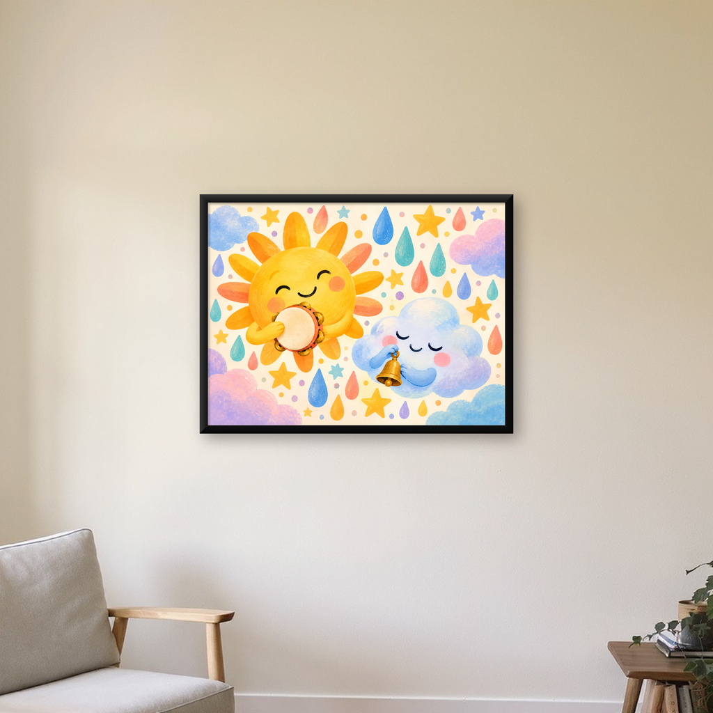 Sevimli Güneş ve Bulut Çocuk Odası Pastel Poster — Yatay baskı, çerçeveli hâliyle bir ev duvarında