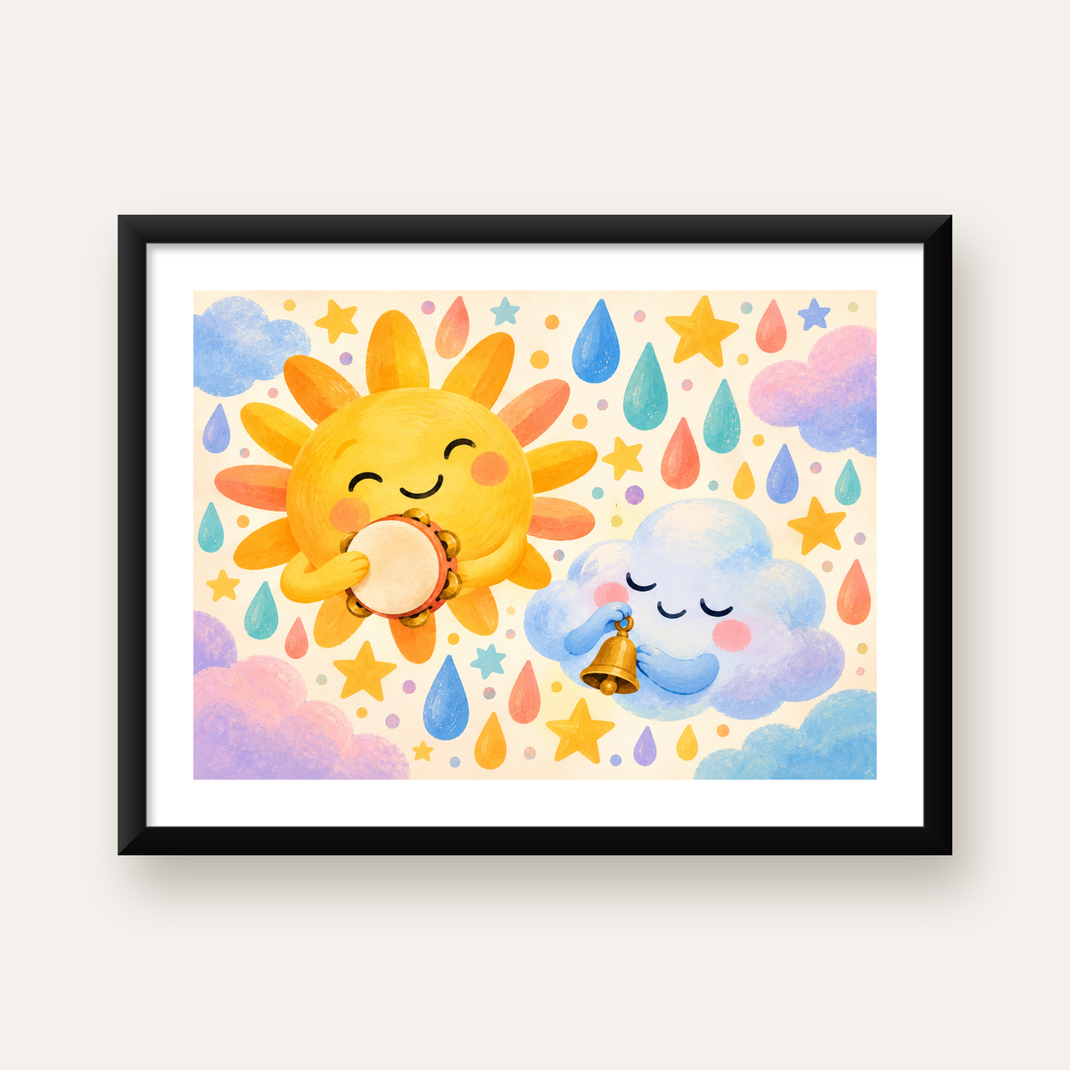 Sevimli Güneş ve Bulut Çocuk Odası Pastel Poster — Yatay baskı, beyaz paspartulu