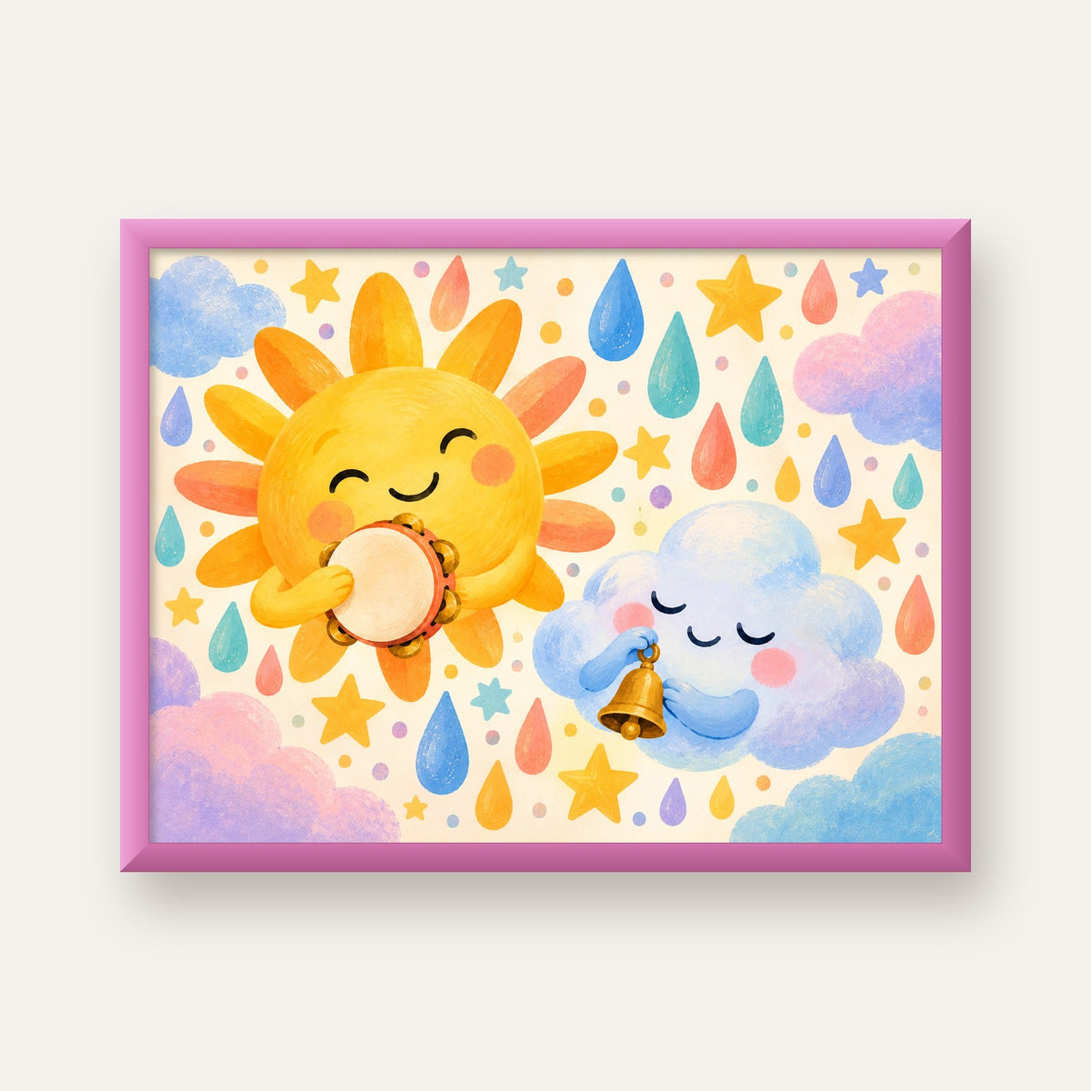 Sevimli Güneş ve Bulut Çocuk Odası Pastel Poster — pembe çerçeveli