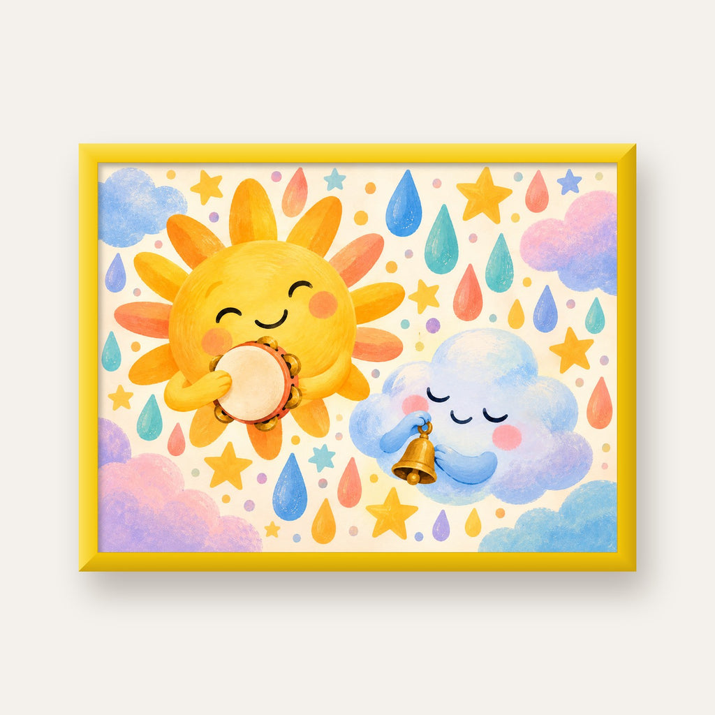 Sevimli Güneş ve Bulut Çocuk Odası Pastel Poster — sarı çerçeveli