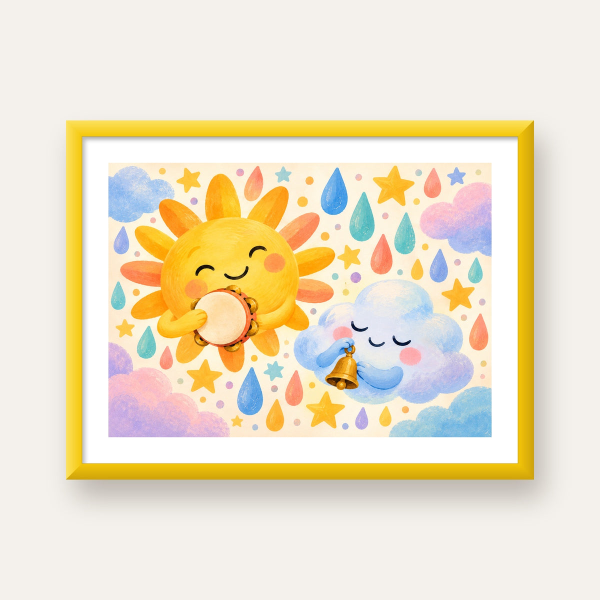 Sevimli Güneş ve Bulut Çocuk Odası Pastel Poster — sarı çerçeveli paspartulu
