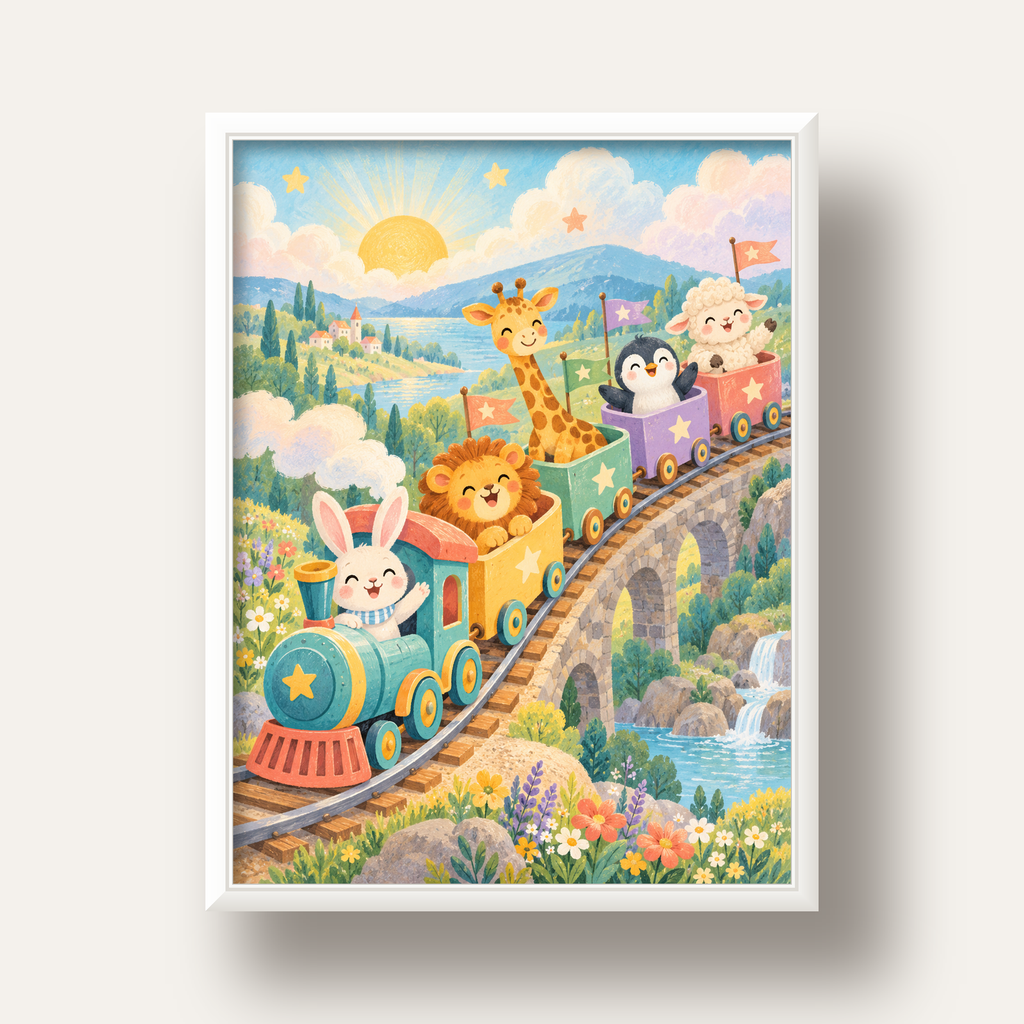 Sevimli Hayvanlar Treni Pastel Poster - Çocuk Odası Duvar Sanatı — beyaz derin çerçeveli