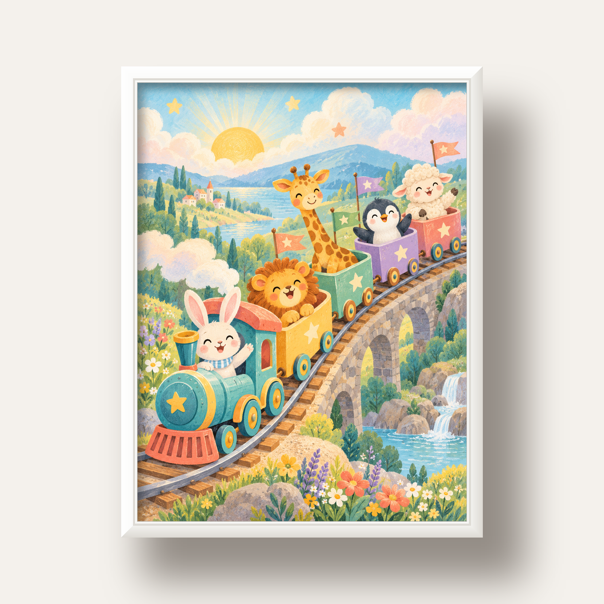 Sevimli Hayvanlar Treni Pastel Poster - Çocuk Odası Duvar Sanatı — beyaz derin çerçeveli