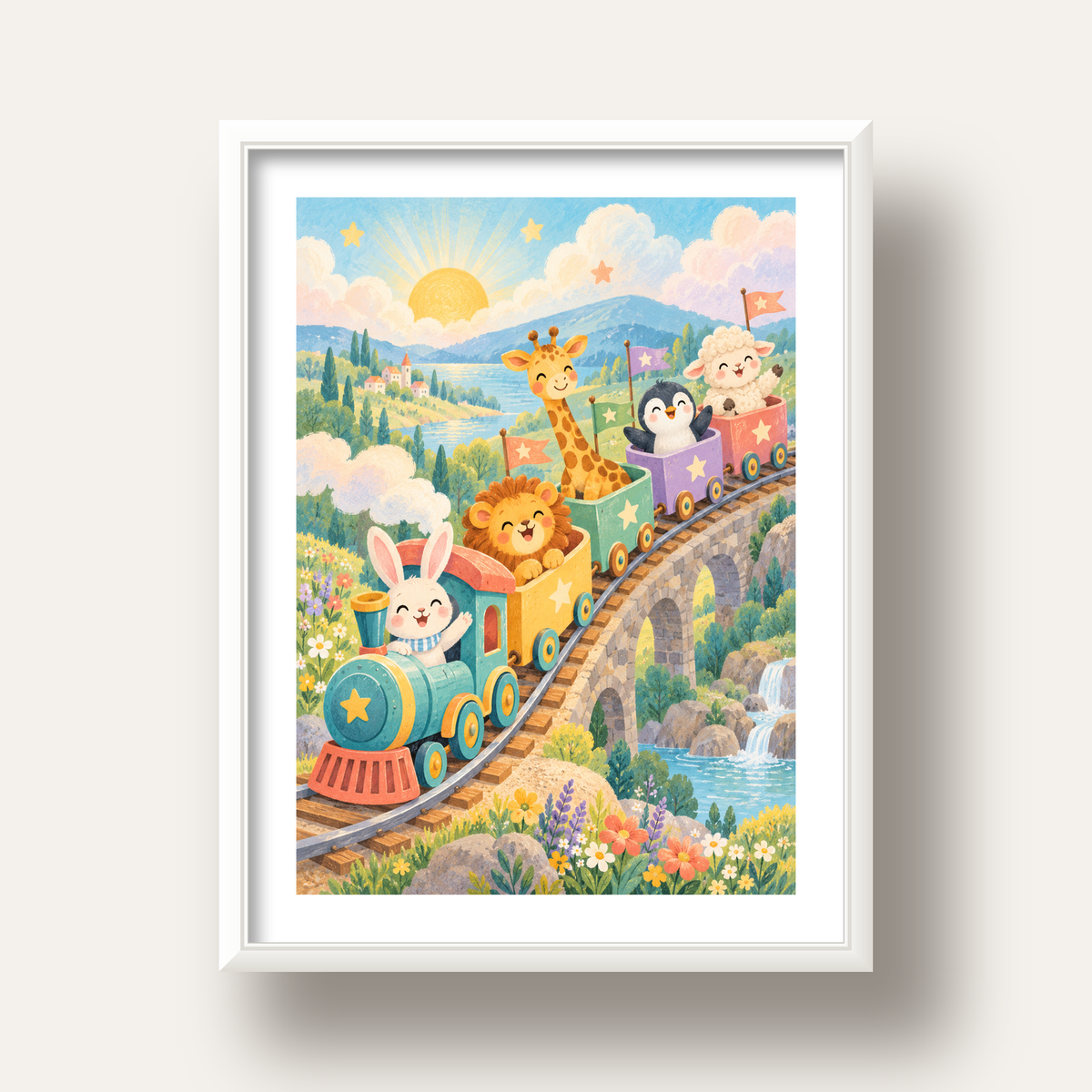Sevimli Hayvanlar Treni Pastel Poster - Çocuk Odası Duvar Sanatı — beyaz derin çerçeveli paspartulu