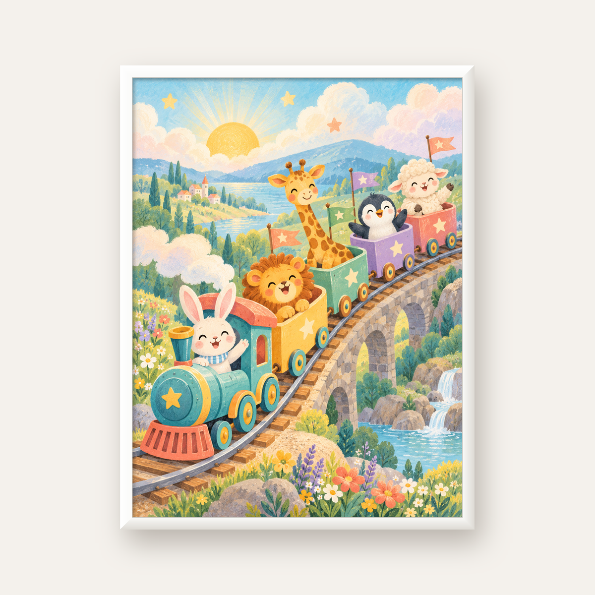 Sevimli Hayvanlar Treni Pastel Poster - Çocuk Odası Duvar Sanatı — beyaz çerçeveli dikey poster