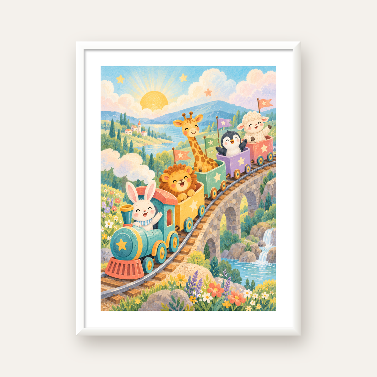 Sevimli Hayvanlar Treni Pastel Poster - Çocuk Odası Duvar Sanatı — beyaz çerçeveli dikey poster