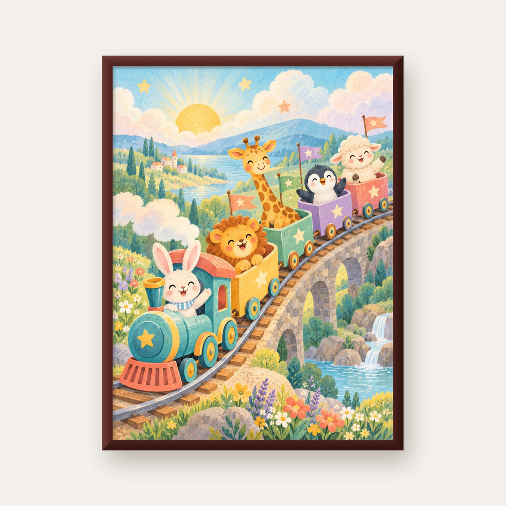 Sevimli Hayvanlar Treni Pastel Poster - Çocuk Odası Duvar Sanatı — ceviz çerçeveli