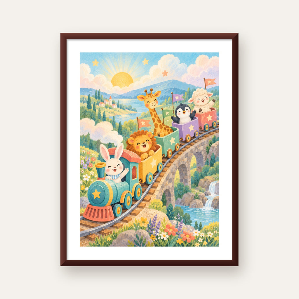 Sevimli Hayvanlar Treni Pastel Poster - Çocuk Odası Duvar Sanatı — ceviz çerçeveli paspartulu