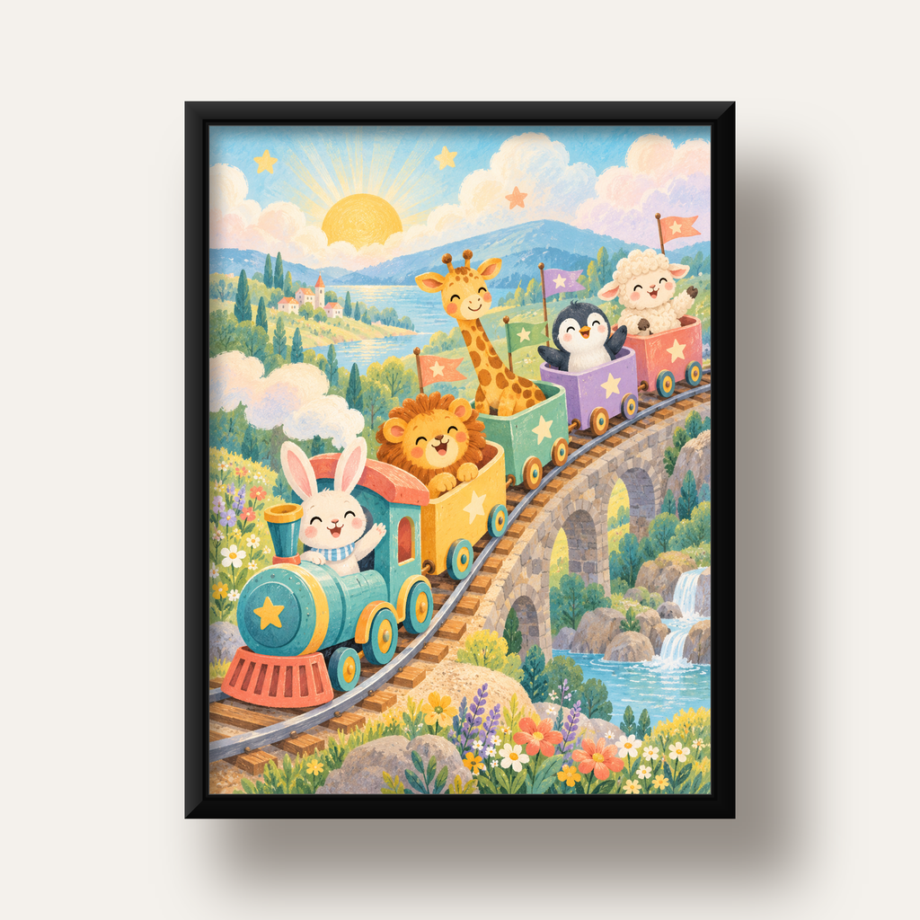 Sevimli Hayvanlar Treni Pastel Poster - Çocuk Odası Duvar Sanatı — siyah derin çerçeveli