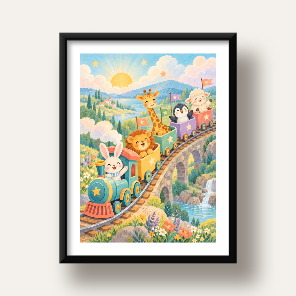 Sevimli Hayvanlar Treni Pastel Poster - Çocuk Odası Duvar Sanatı — siyah derin çerçeveli paspartulu