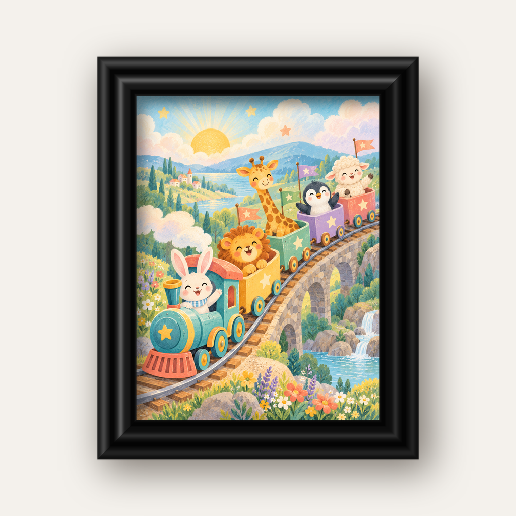 Sevimli Hayvanlar Treni Pastel Poster - Çocuk Odası Duvar Sanatı — siyah galeri çerçeveli