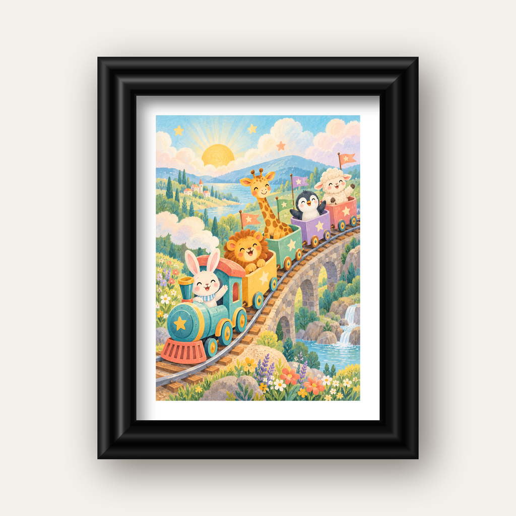 Sevimli Hayvanlar Treni Pastel Poster - Çocuk Odası Duvar Sanatı — siyah galeri çerçeveli paspartulu