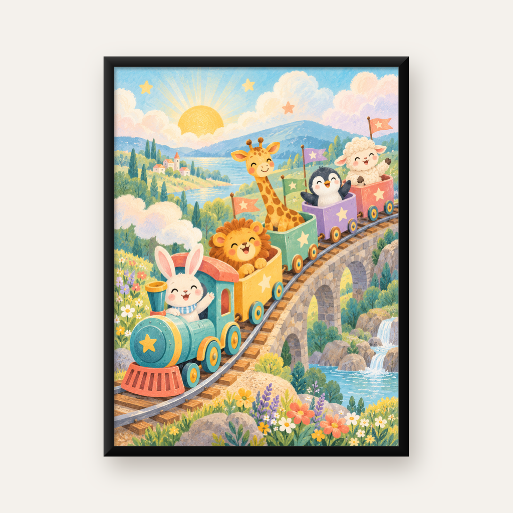 Sevimli Hayvanlar Treni Pastel Poster - Çocuk Odası Duvar Sanatı — Dikey baskı, düz siyah çerçeveli duvar posteri
