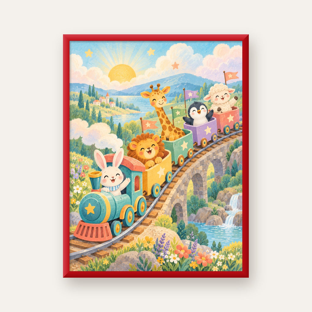 Sevimli Hayvanlar Treni Pastel Poster - Çocuk Odası Duvar Sanatı — kırmızı çerçeveli