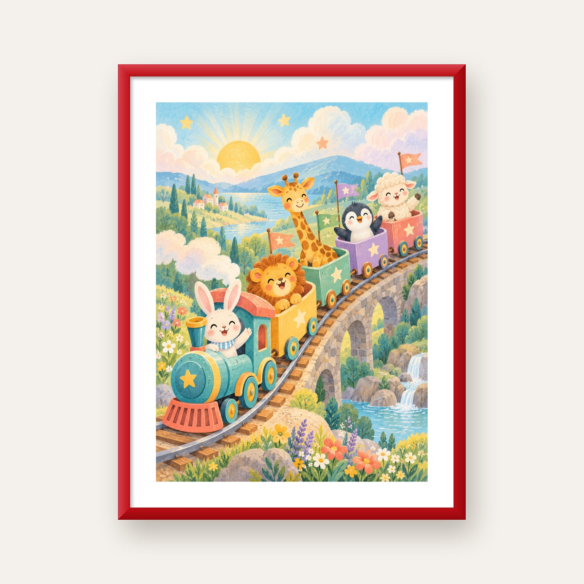 Sevimli Hayvanlar Treni Pastel Poster - Çocuk Odası Duvar Sanatı — kırmızı çerçeveli paspartulu