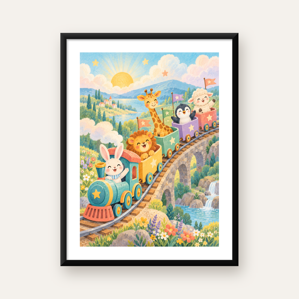 Sevimli Hayvanlar Treni Pastel Poster - Çocuk Odası Duvar Sanatı — Dikey baskı, beyaz paspartulu