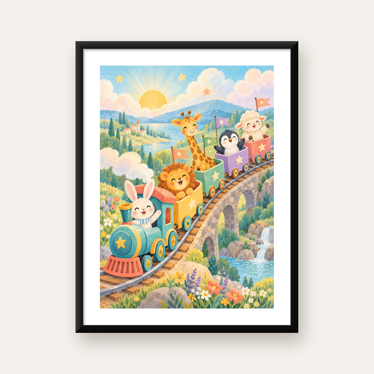 Sevimli Hayvanlar Treni Pastel Poster - Çocuk Odası Duvar Sanatı — Dikey baskı, beyaz paspartulu