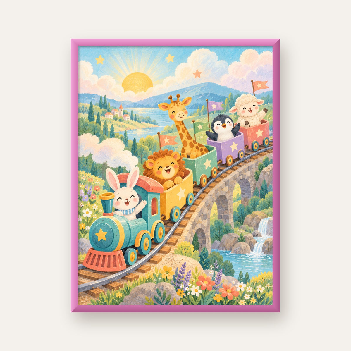Sevimli Hayvanlar Treni Pastel Poster - Çocuk Odası Duvar Sanatı — pembe çerçeveli