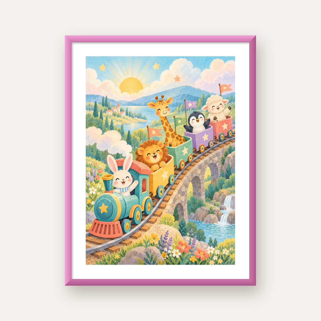 Sevimli Hayvanlar Treni Pastel Poster - Çocuk Odası Duvar Sanatı — pembe çerçeveli paspartulu
