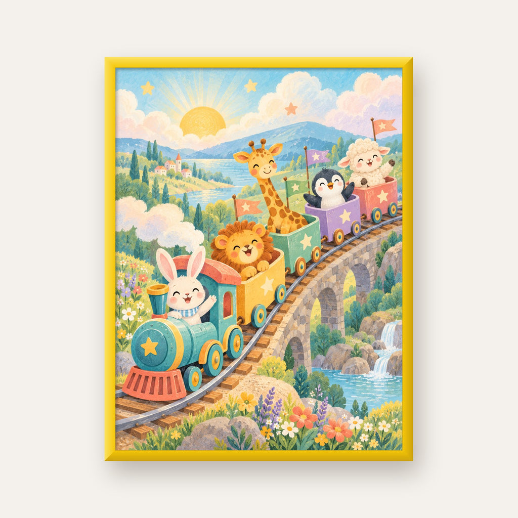 Sevimli Hayvanlar Treni Pastel Poster - Çocuk Odası Duvar Sanatı — sarı çerçeveli