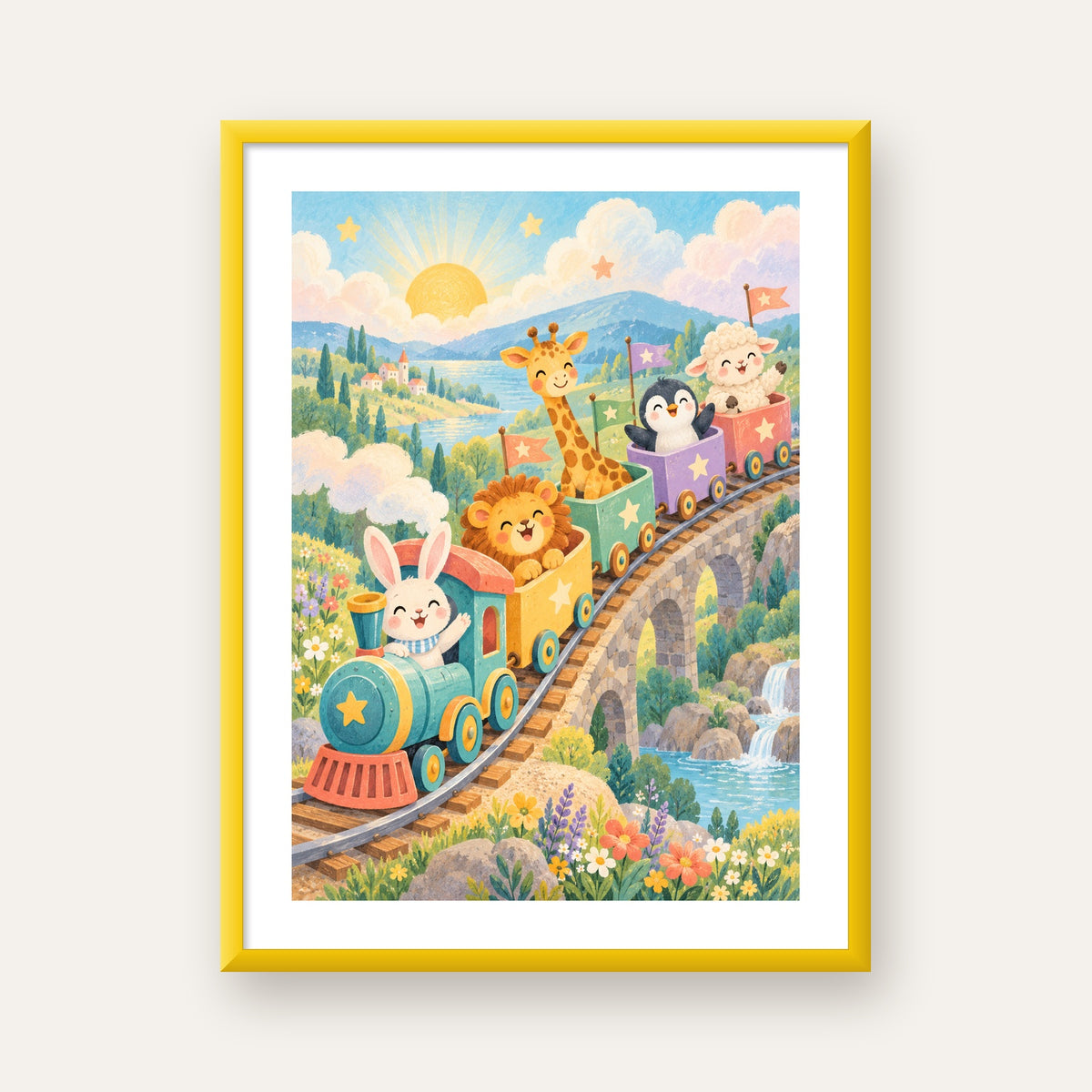 Sevimli Hayvanlar Treni Pastel Poster - Çocuk Odası Duvar Sanatı — sarı çerçeveli paspartulu