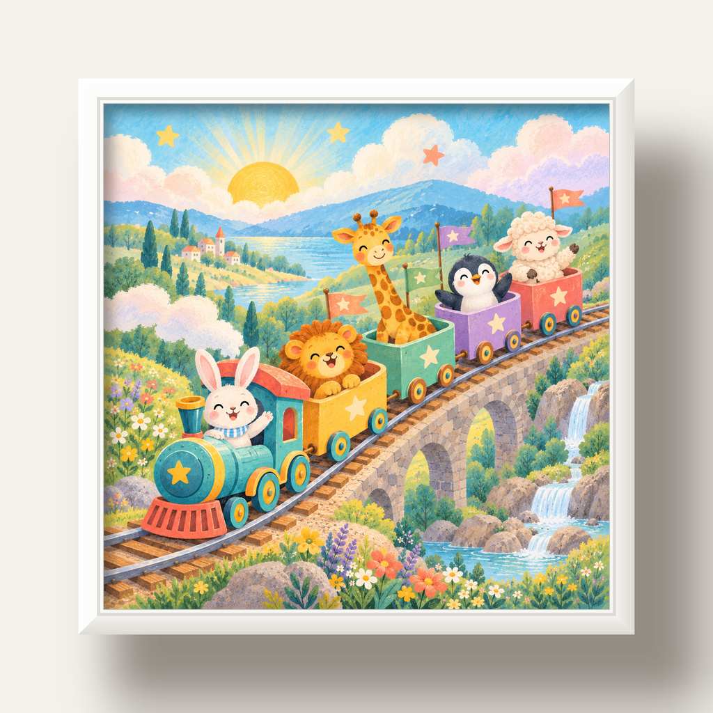Sevimli Hayvanlar Treni Pastel Poster - Çocuk Odası Duvar Sanatı — beyaz derin çerçeveli