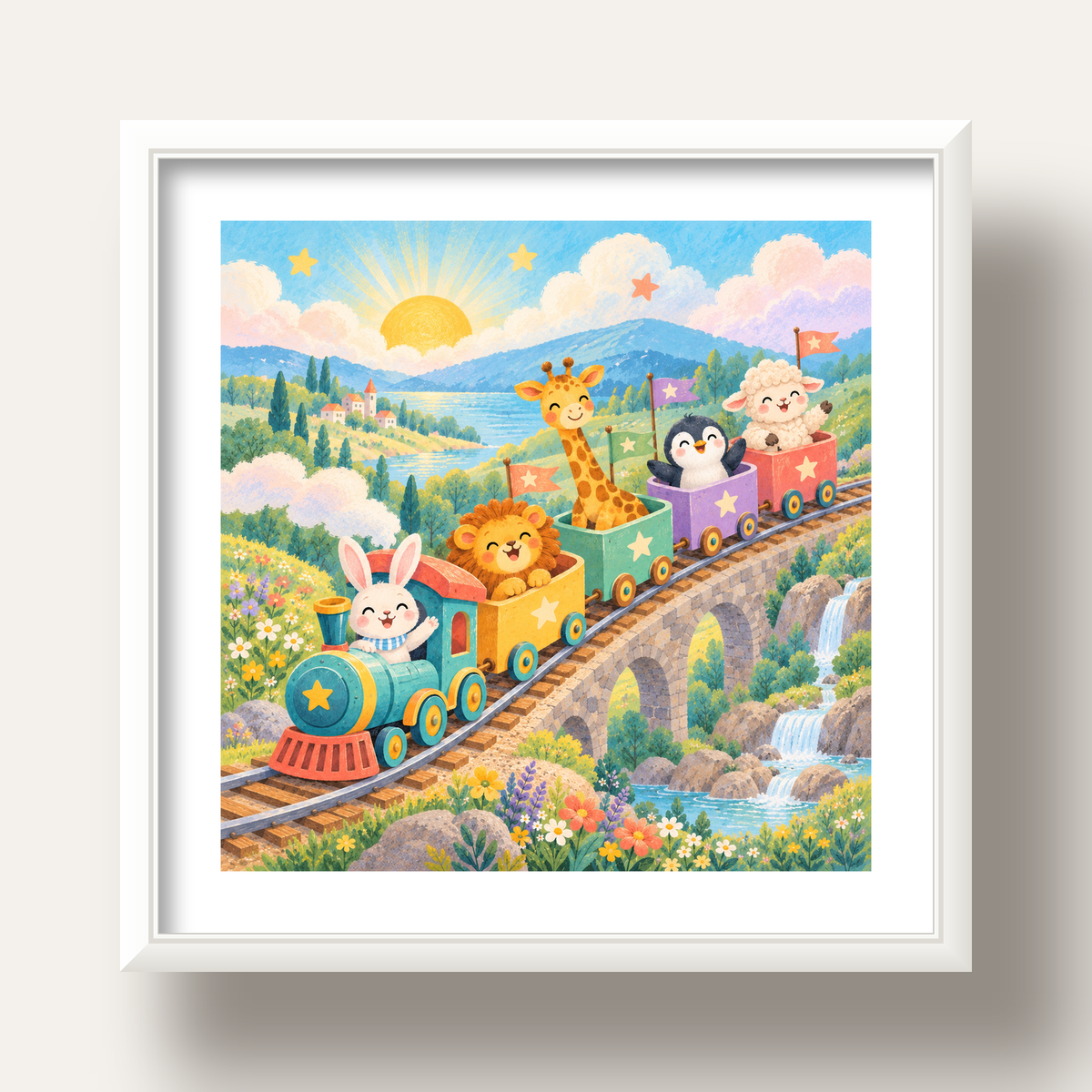 Sevimli Hayvanlar Treni Pastel Poster - Çocuk Odası Duvar Sanatı — beyaz derin çerçeveli paspartulu