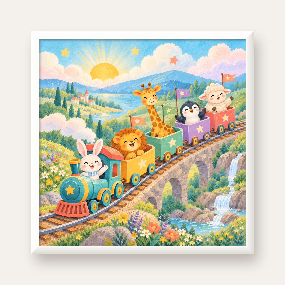 Sevimli Hayvanlar Treni Pastel Poster - Çocuk Odası Duvar Sanatı — beyaz çerçeveli kare poster