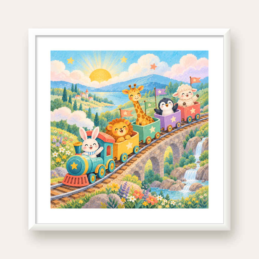 Sevimli Hayvanlar Treni Pastel Poster - Çocuk Odası Duvar Sanatı — beyaz çerçeveli kare poster