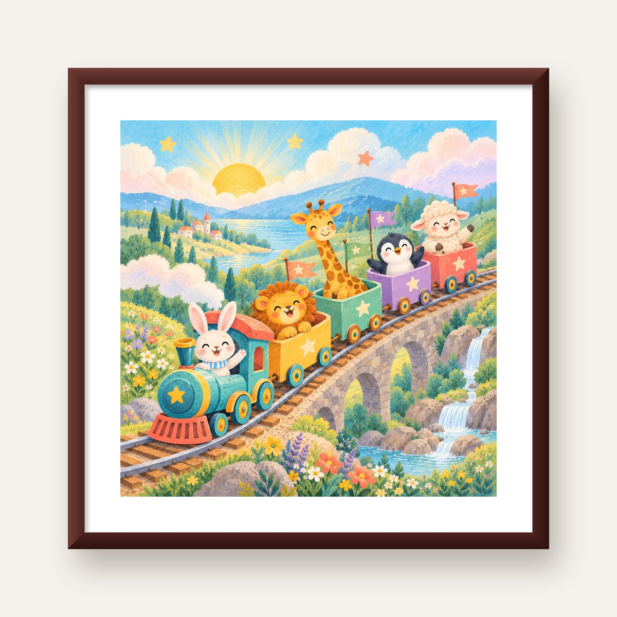 Sevimli Hayvanlar Treni Pastel Poster - Çocuk Odası Duvar Sanatı — ceviz çerçeveli paspartulu