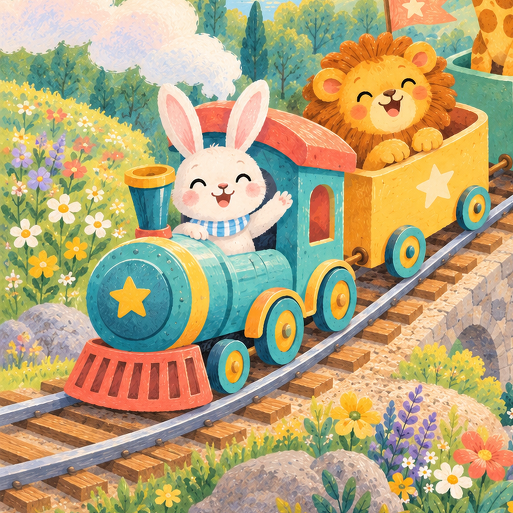 Sevimli Hayvanlar Treni Pastel Poster - Çocuk Odası Duvar Sanatı — baskının yakın çekimi, kâğıt dokusu ve renk detayı