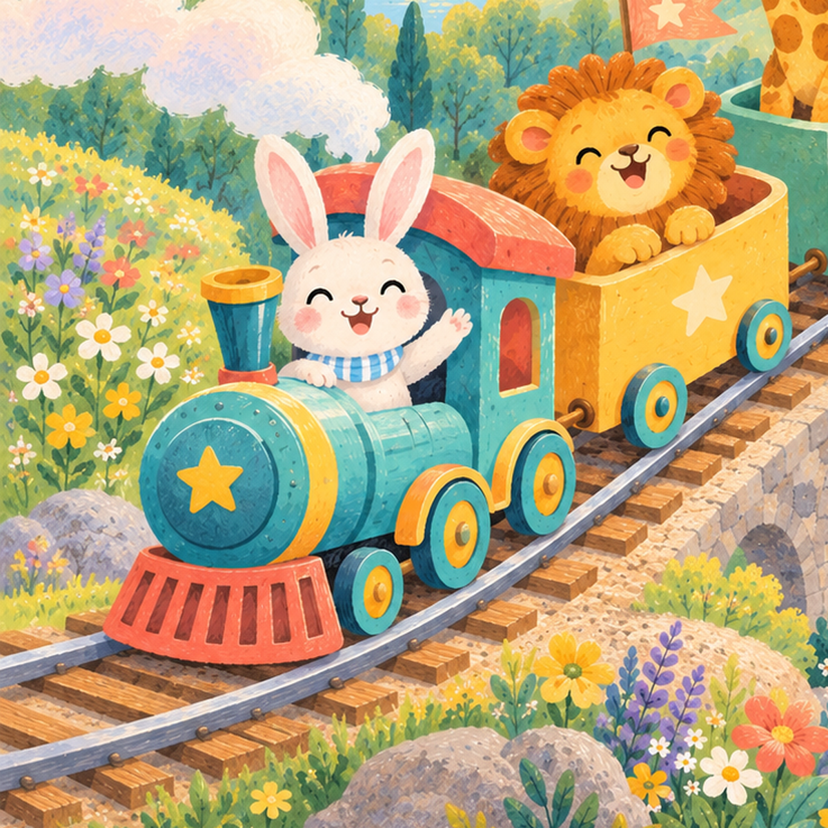 Sevimli Hayvanlar Treni Pastel Poster - Çocuk Odası Duvar Sanatı — baskının yakın çekimi, kâğıt dokusu ve renk detayı